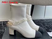 Chanel Short Boots Stretch Lambskin Grosgrain Imitation Pearls Metal White and Black G45794 Replica