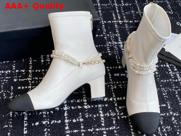 Chanel Short Boots Stretch Lambskin Grosgrain Imitation Pearls Metal White and Black G45794 Replica