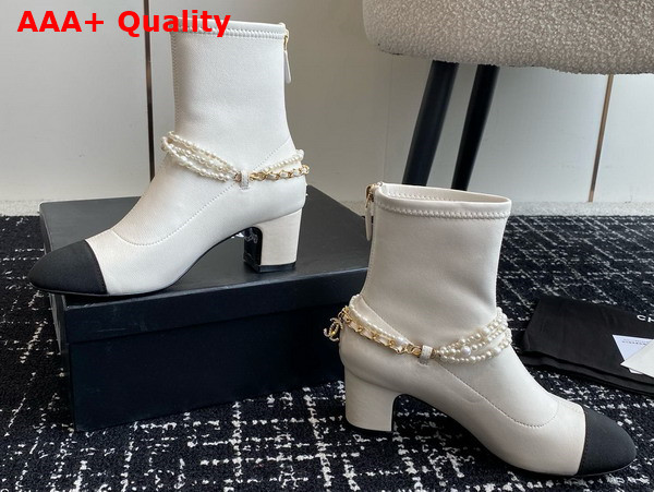 Chanel Short Boots Stretch Lambskin Grosgrain Imitation Pearls Metal White and Black G45794 Replica