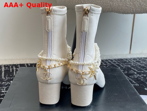 Chanel Short Boots Stretch Lambskin Grosgrain Imitation Pearls Metal White and Black G45794 Replica