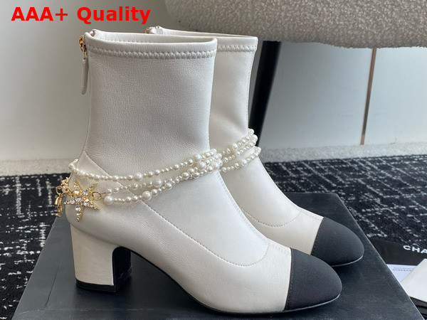 Chanel Short Boots Stretch Lambskin Grosgrain Imitation Pearls Metal White and Black G45794 Replica