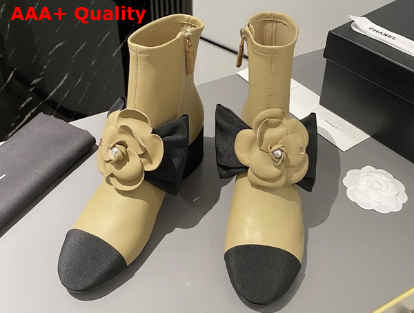 Chanel Short Boots in Beige Lambskin with Embroidered Camellia G45310 Replica