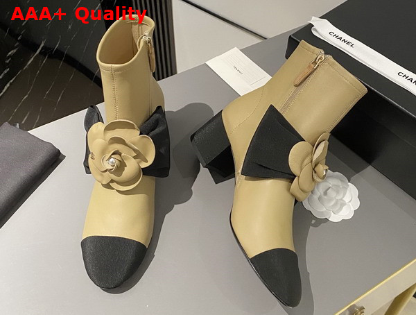 Chanel Short Boots in Beige Lambskin with Embroidered Camellia G45310 Replica