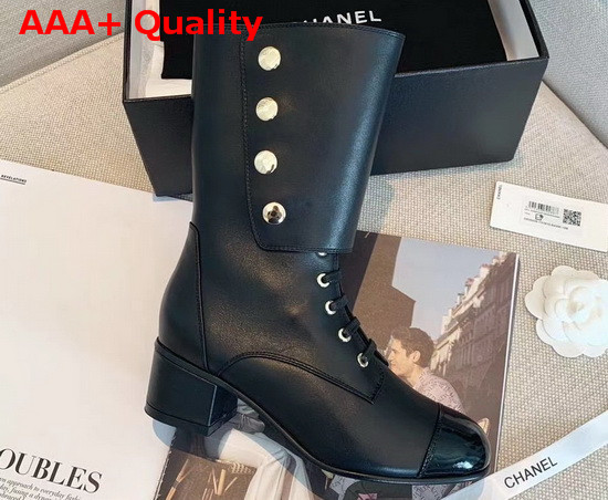 Chanel Short Boots in Black Calfskin and Patent Calfskin Metal Chanel Logo Replica