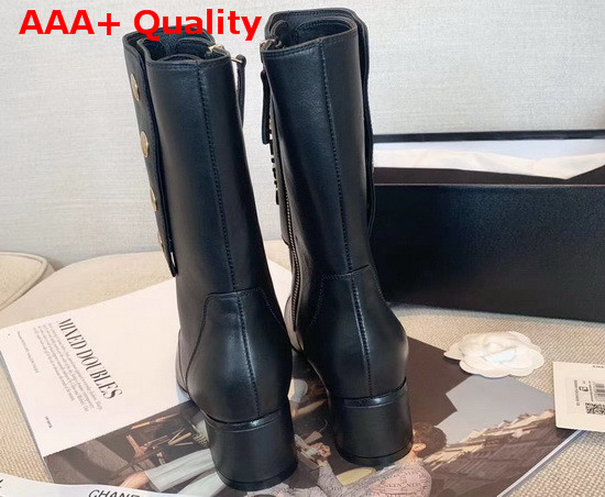 Chanel Short Boots in Black Calfskin and Patent Calfskin Metal Chanel Logo Replica