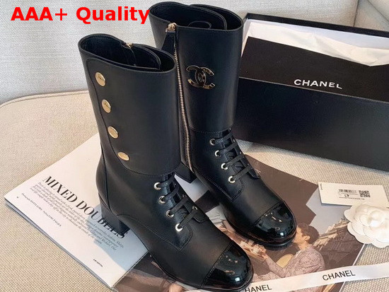 Chanel Short Boots in Black Calfskin and Patent Calfskin Metal Chanel Logo Replica