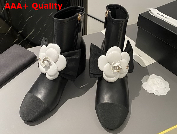 Chanel Short Boots in Black Lambskin with Embroidered Camellia G45310 Replica