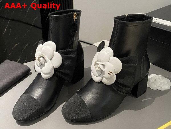 Chanel Short Boots in Black Lambskin with Embroidered Camellia G45310 Replica