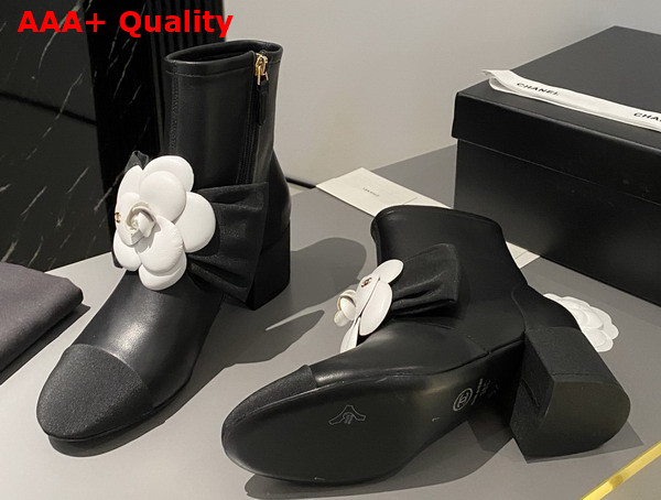 Chanel Short Boots in Black Lambskin with Embroidered Camellia G45310 Replica