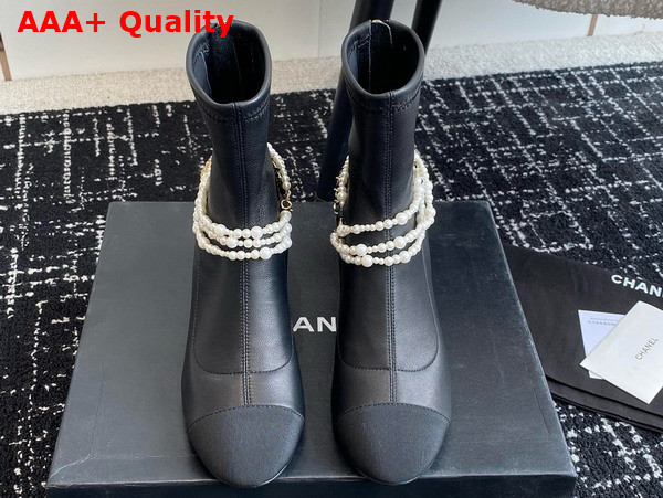 Chanel Short Boots in Black Stretch Lambskin Grosgrain Imitation Pearls Metal G45794 Replica