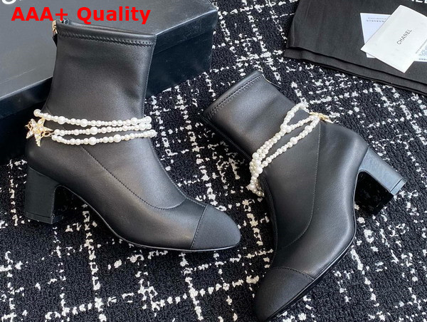 Chanel Short Boots in Black Stretch Lambskin Grosgrain Imitation Pearls Metal G45794 Replica