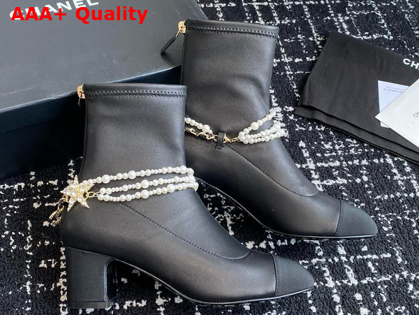 Chanel Short Boots in Black Stretch Lambskin Grosgrain Imitation Pearls Metal G45794 Replica