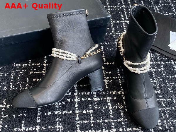 Chanel Short Boots in Black Stretch Lambskin Grosgrain Imitation Pearls Metal G45794 Replica