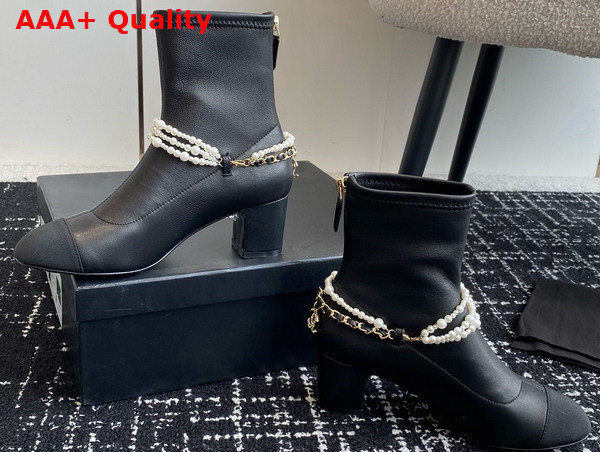 Chanel Short Boots in Black Stretch Lambskin Grosgrain Imitation Pearls Metal G45794 Replica