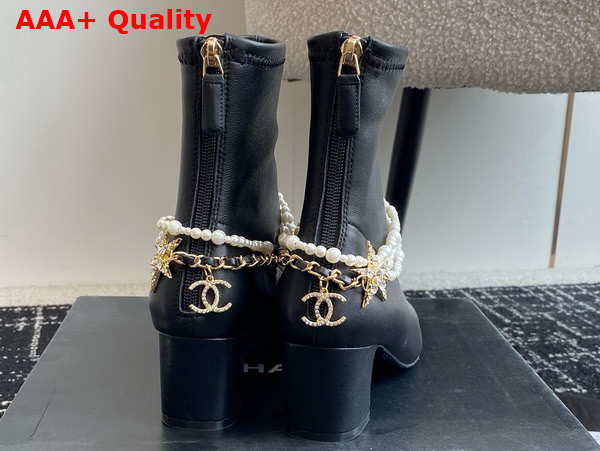 Chanel Short Boots in Black Stretch Lambskin Grosgrain Imitation Pearls Metal G45794 Replica