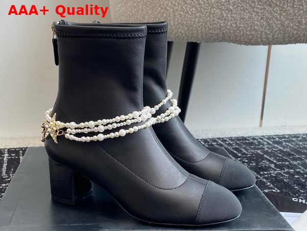 Chanel Short Boots in Black Stretch Lambskin Grosgrain Imitation Pearls Metal G45794 Replica