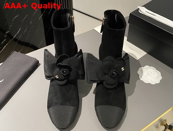 Chanel Short Boots in Black Suede Kidskin and Grosgrain with Embroidered Camellia G45310 Replica