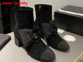 Chanel Short Boots in Black Suede Kidskin and Grosgrain with Embroidered Camellia G45310 Replica