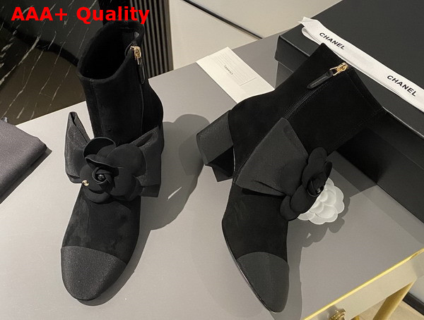 Chanel Short Boots in Black Suede Kidskin and Grosgrain with Embroidered Camellia G45310 Replica