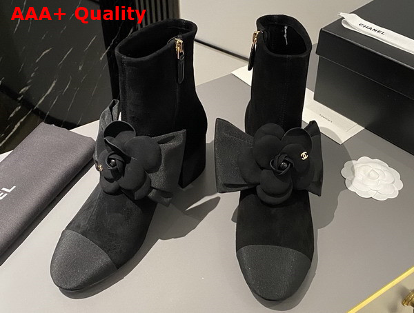 Chanel Short Boots in Black Suede Kidskin and Grosgrain with Embroidered Camellia G45310 Replica