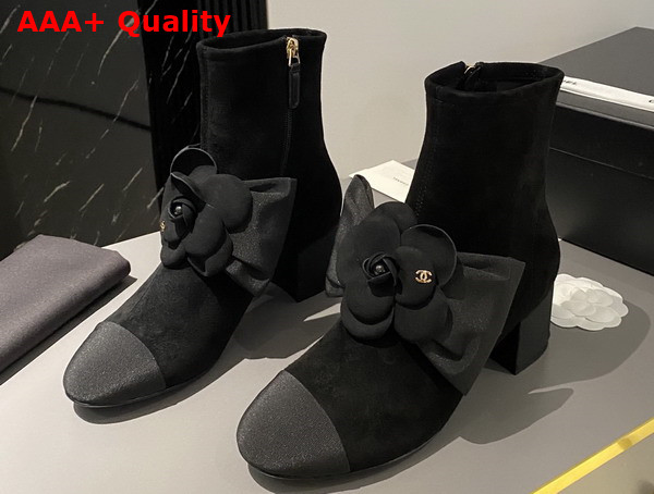 Chanel Short Boots in Black Suede Kidskin and Grosgrain with Embroidered Camellia G45310 Replica