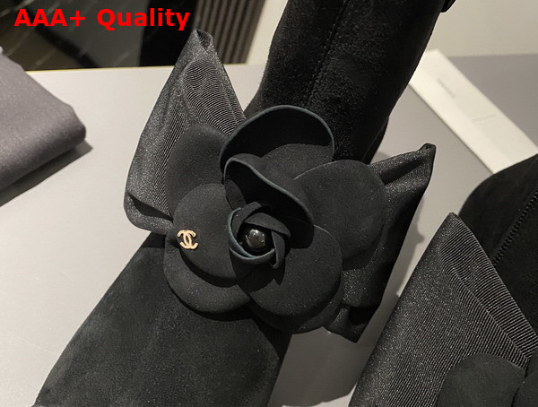 Chanel Short Boots in Black Suede Kidskin and Grosgrain with Embroidered Camellia G45310 Replica