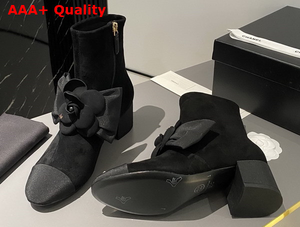 Chanel Short Boots in Black Suede Kidskin and Grosgrain with Embroidered Camellia G45310 Replica