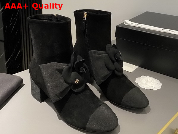 Chanel Short Boots in Black Suede Kidskin and Grosgrain with Embroidered Camellia G45310 Replica