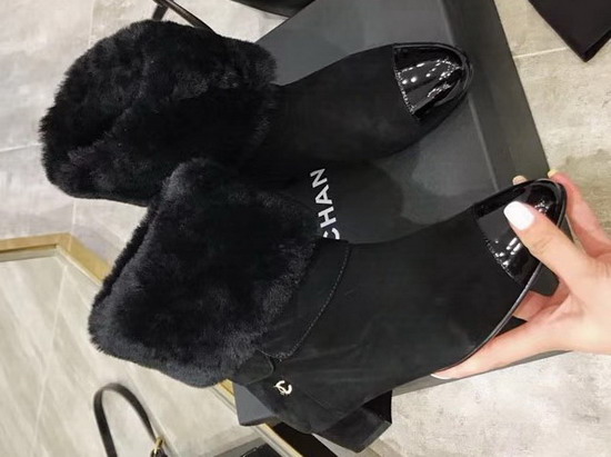 Chanel Short Boots in Black Suede and Lamb Hair