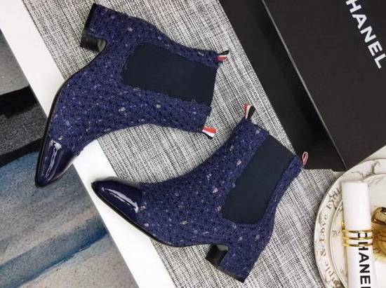 Chanel Short Boots in Blue Tweed and Patent Calfskin