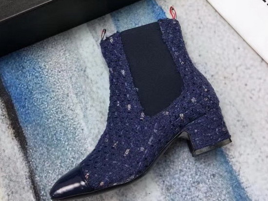 Chanel Short Boots in Blue Tweed and Patent Calfskin