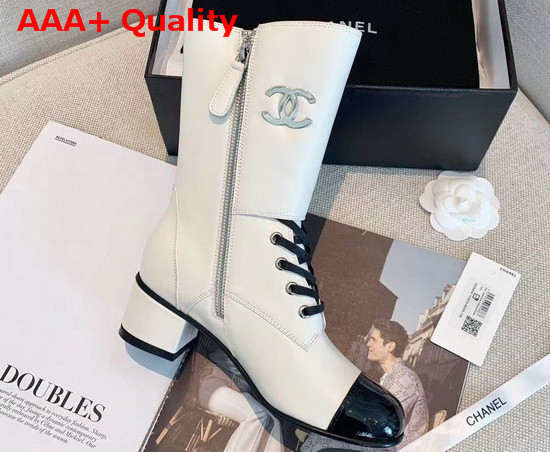 Chanel Short Boots in White Calfskin and Patent Calfskin Metal Chanel Logo Replica