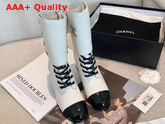 Chanel Short Boots in White Calfskin and Patent Calfskin Metal Chanel Logo Replica