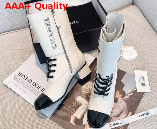 Chanel Short Boots in White Calfskin and Patent Calfskin Metal Chanel Logo Replica