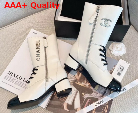 Chanel Short Boots in White Calfskin and Patent Calfskin Metal Chanel Logo Replica