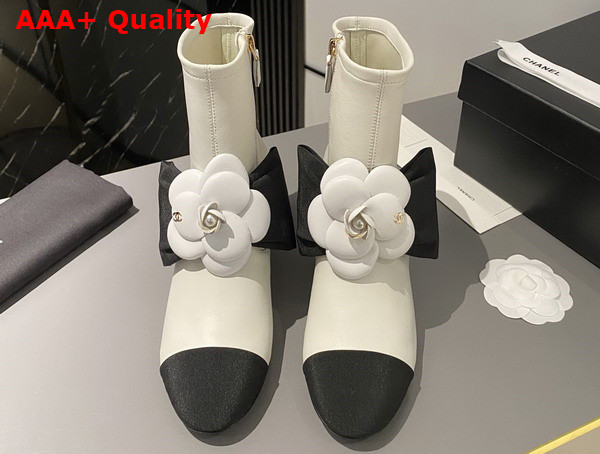 Chanel Short Boots in White Lambskin with Embroidered Camellia G45310 Replica