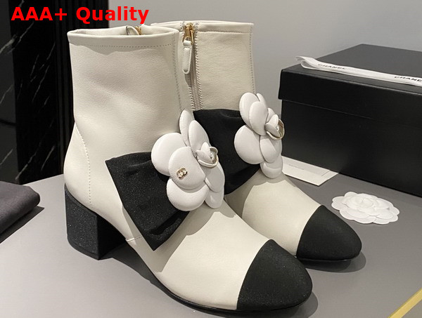 Chanel Short Boots in White Lambskin with Embroidered Camellia G45310 Replica