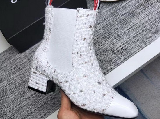 Chanel Short Boots in White Tweed and Patent Calfskin