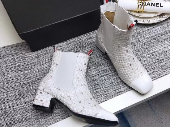 Chanel Short Boots in White Tweed and Patent Calfskin