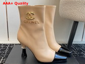 Chanel Short Boots with Gold Chanel Letter Logo Beige Lambskin and Black Patent Leather Replica