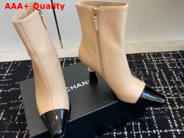 Chanel Short Boots with Gold Chanel Letter Logo Beige Lambskin and Black Patent Leather Replica