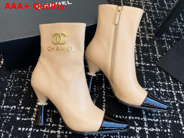 Chanel Short Boots with Gold Chanel Letter Logo Beige Lambskin and Black Patent Leather Replica