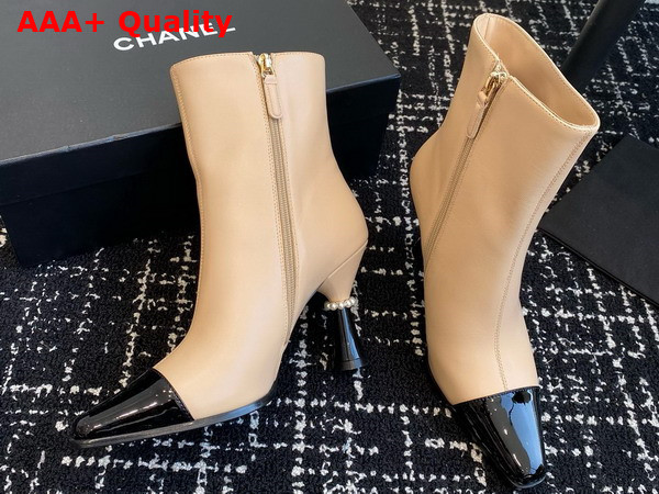 Chanel Short Boots with Gold Chanel Letter Logo Beige Lambskin and Black Patent Leather Replica