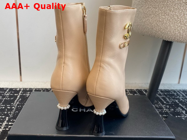 Chanel Short Boots with Gold Chanel Letter Logo Beige Lambskin and Black Patent Leather Replica