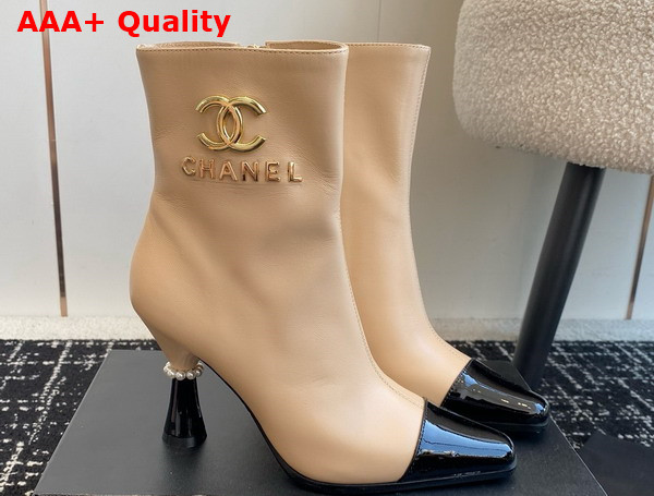 Chanel Short Boots with Gold Chanel Letter Logo Beige Lambskin and Black Patent Leather Replica