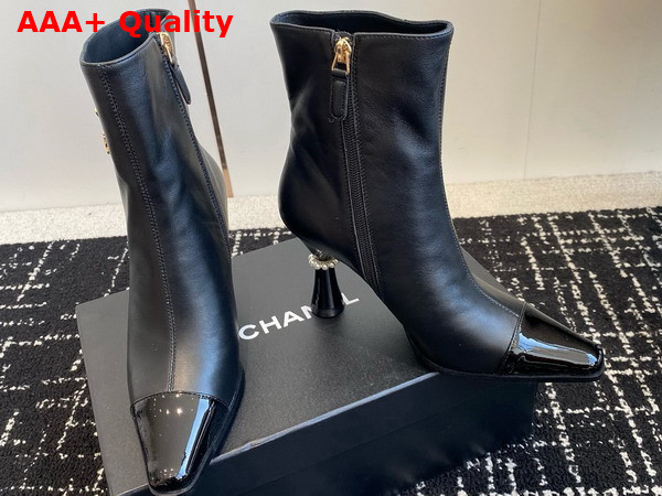 Chanel Short Boots with Gold Chanel Letter Logo Black Lambskin Replica