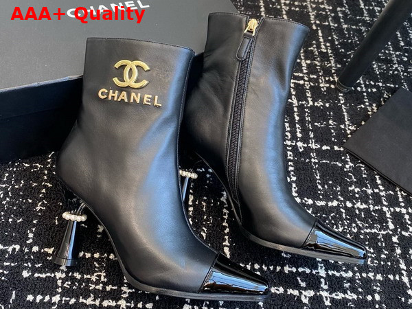 Chanel Short Boots with Gold Chanel Letter Logo Black Lambskin Replica