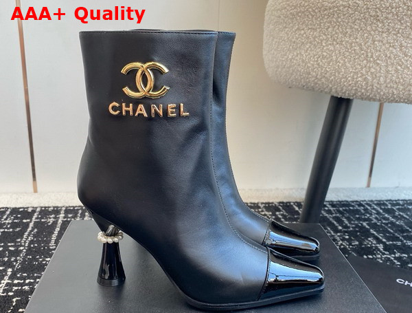 Chanel Short Boots with Gold Chanel Letter Logo Black Lambskin Replica