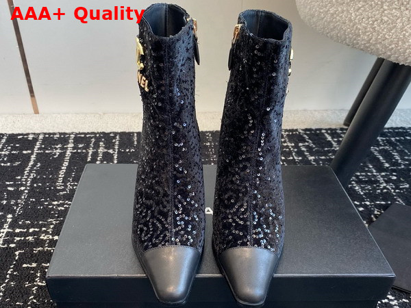 Chanel Short Boots with Gold Chanel Letter Logo Black Sequins Replica