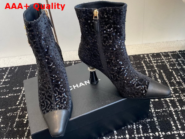 Chanel Short Boots with Gold Chanel Letter Logo Black Sequins Replica